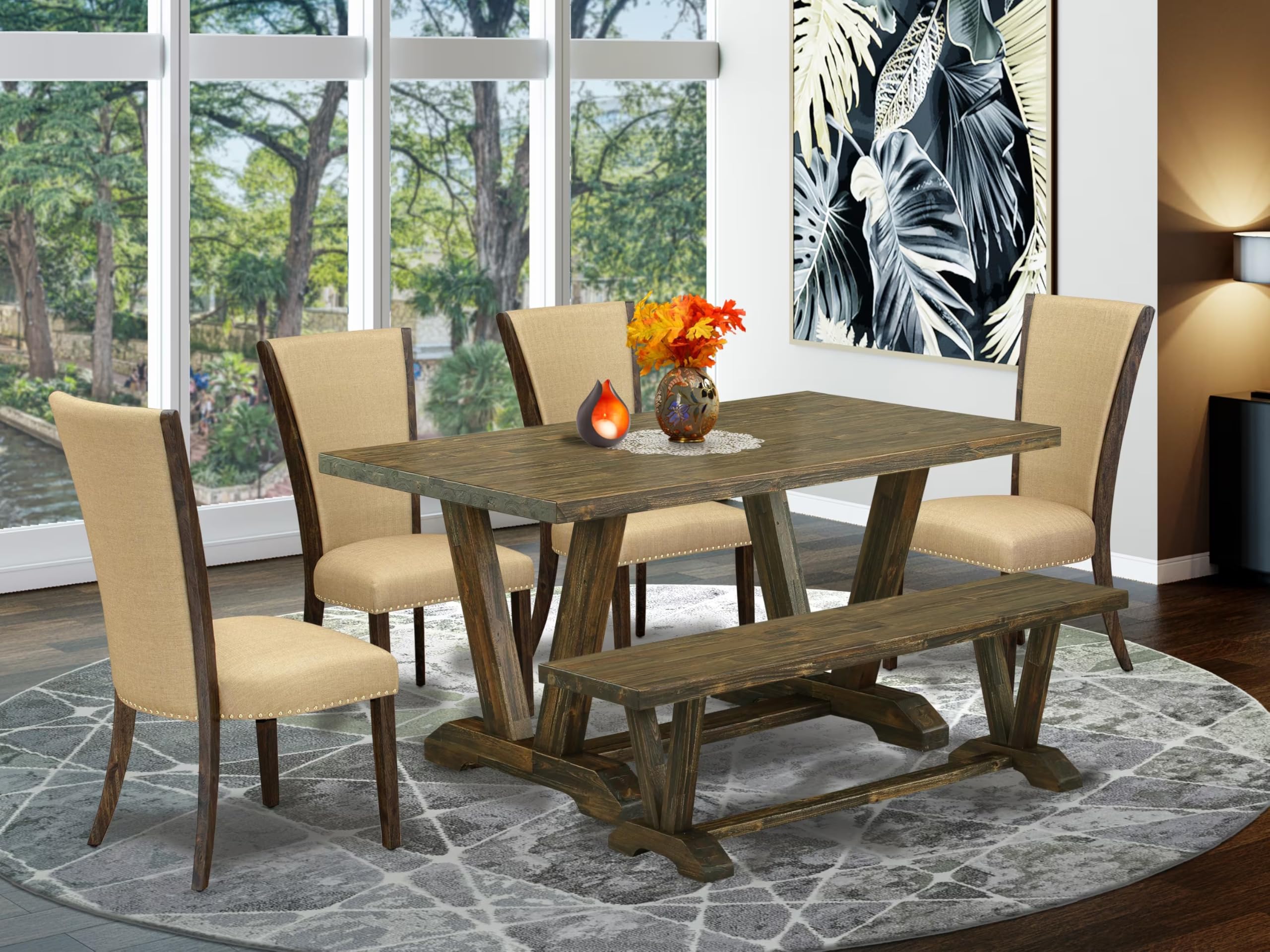East West Furniture V776VE703-6 6 Piece Modern Dining Table Set Contains a Rectangle Wooden Table with V-Legs and 4 Brown Linen Fabric Parson Chairs with a Bench, 36x60 Inch, Multi-Color
